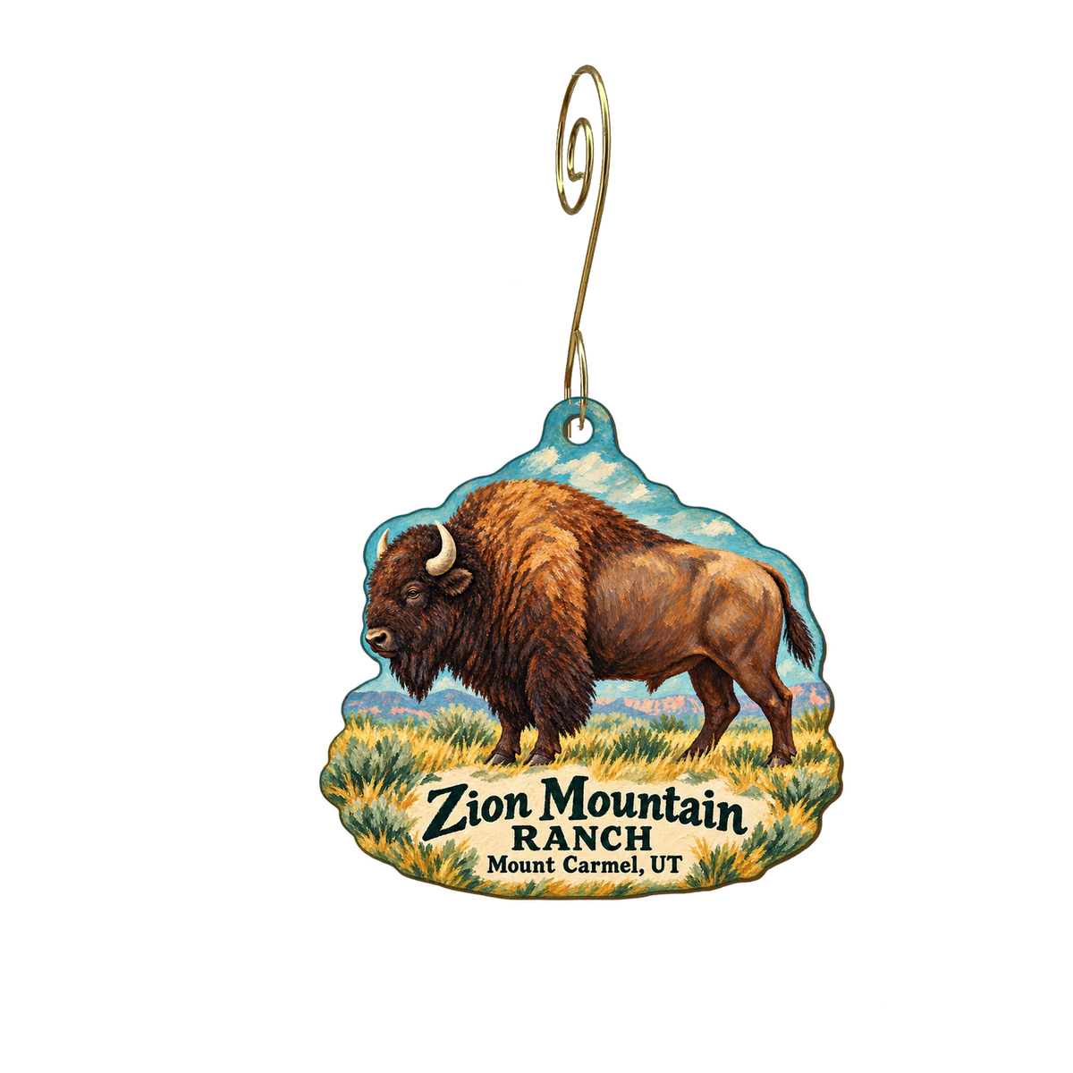 Zion Mountain Ranch — Store identity custom wood ornament OC1976, photographic gold spiral hook