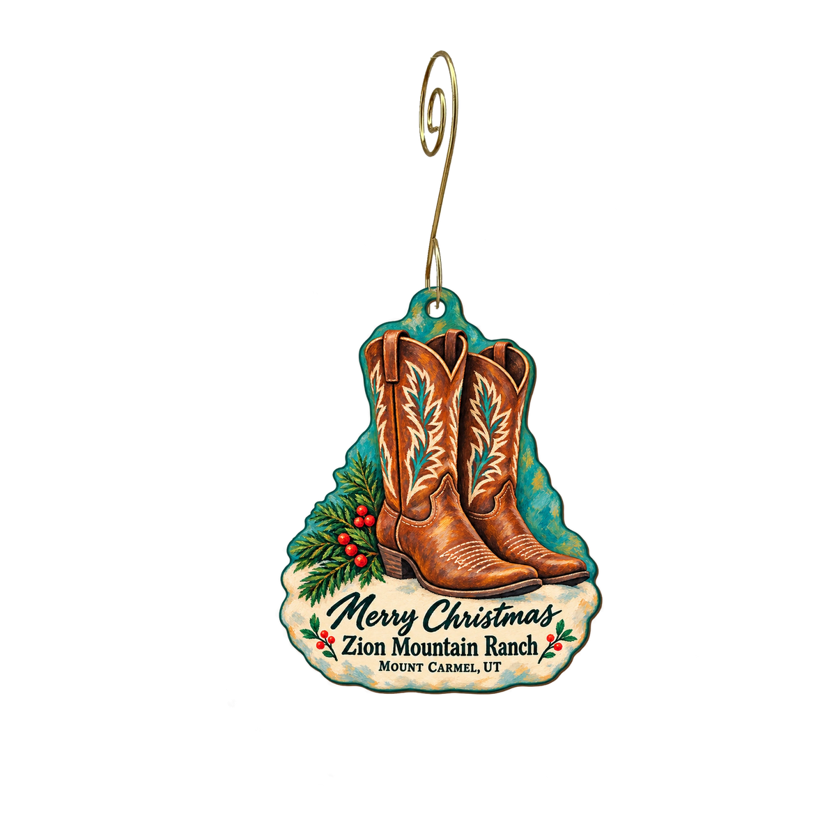 Zion Mountain Ranch — Christmas custom wood ornament OC1977, photographic gold spiral hook