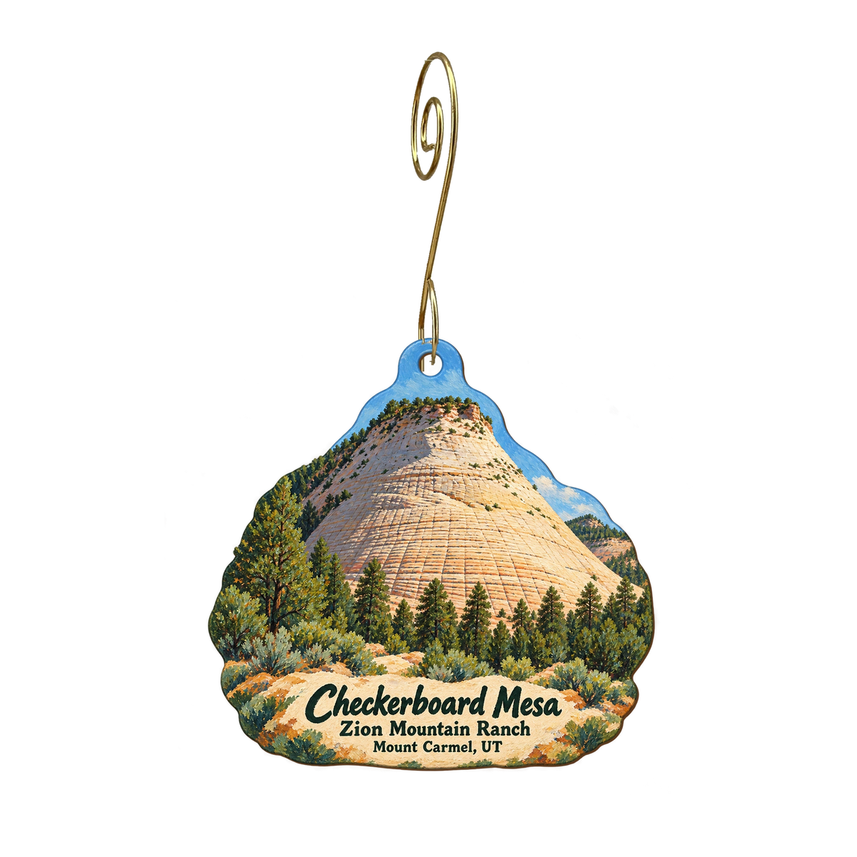 Zion Mountain Ranch — Local inspiration custom wood ornament OC1978, photographic gold spiral hook