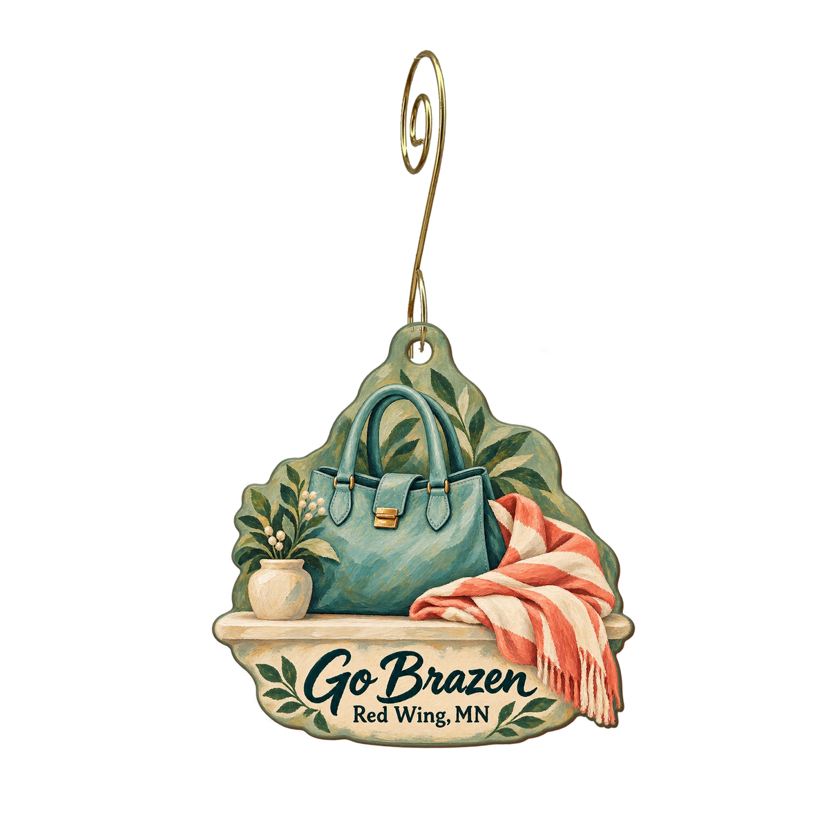 Go Brazen — Store identity custom wood ornament OC1979, photographic gold spiral hook