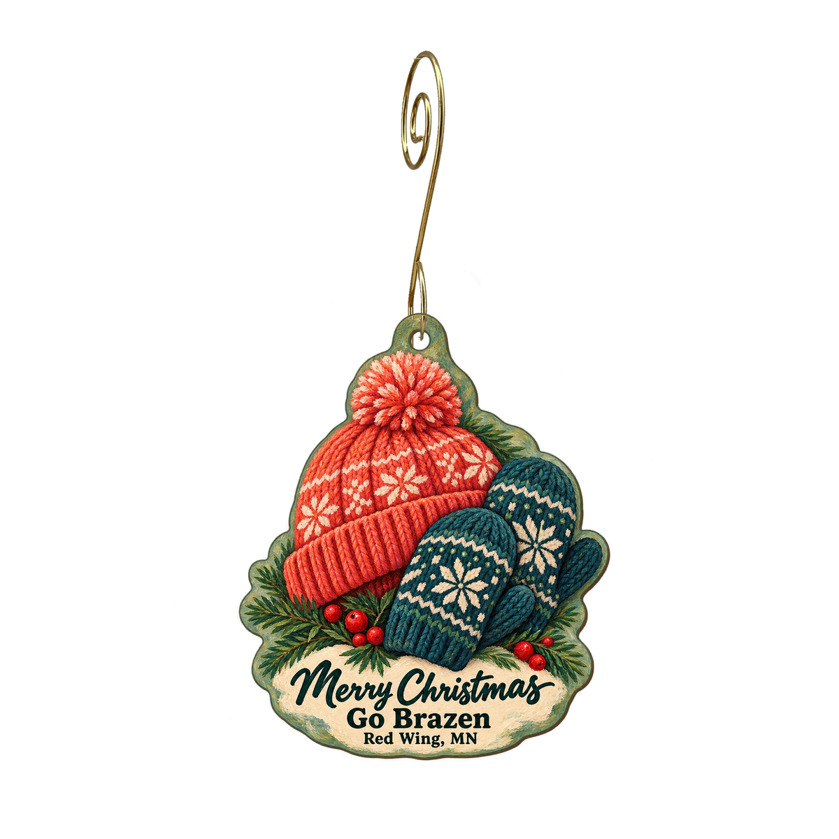 Go Brazen — Christmas custom wood ornament OC1980, photographic gold spiral hook