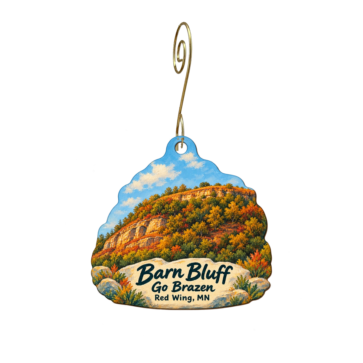 Go Brazen — Local inspiration custom wood ornament OC1981, photographic gold spiral hook