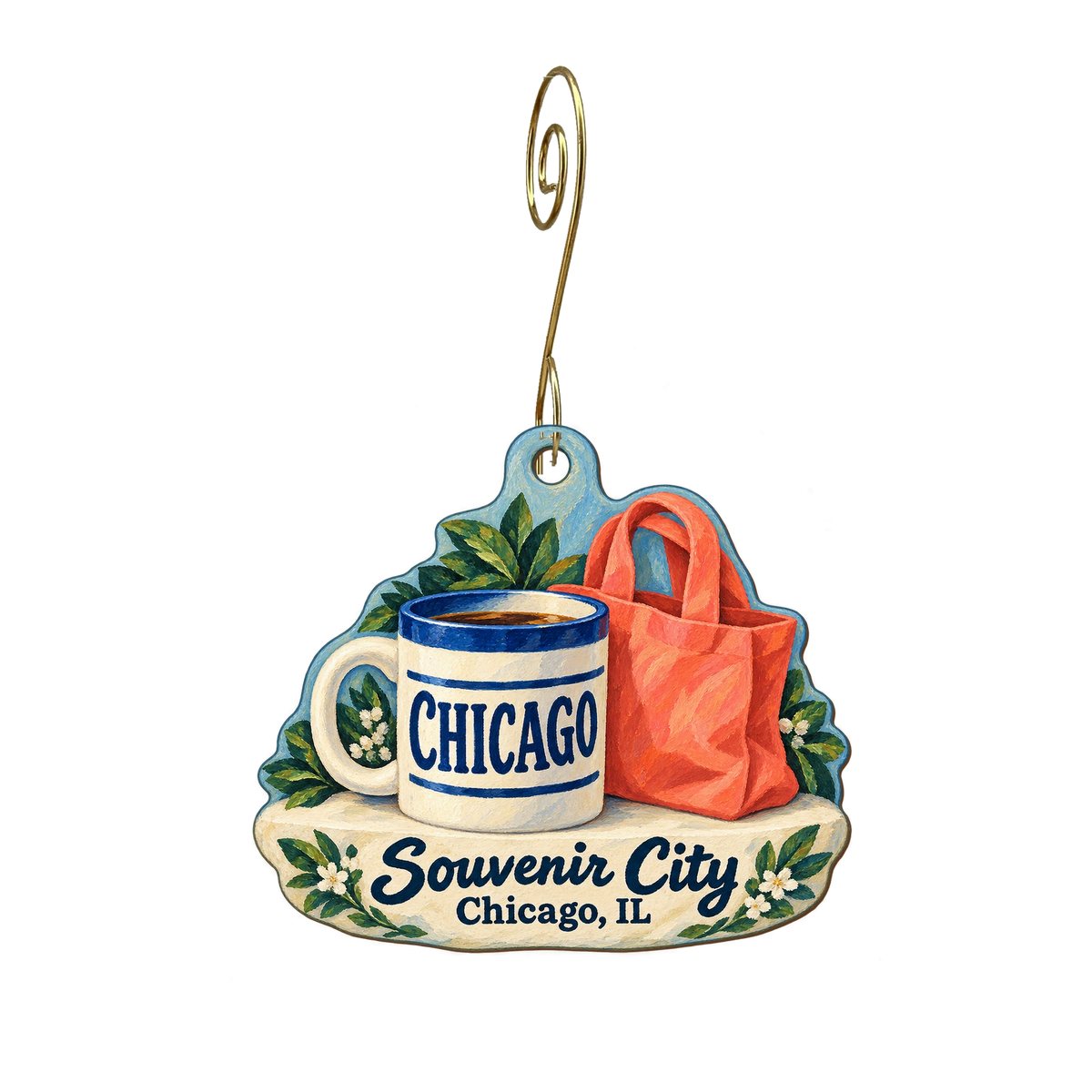 The Market Place dba Souvenir City — Store identity custom wood ornament OC1982, photographic gold spiral hook