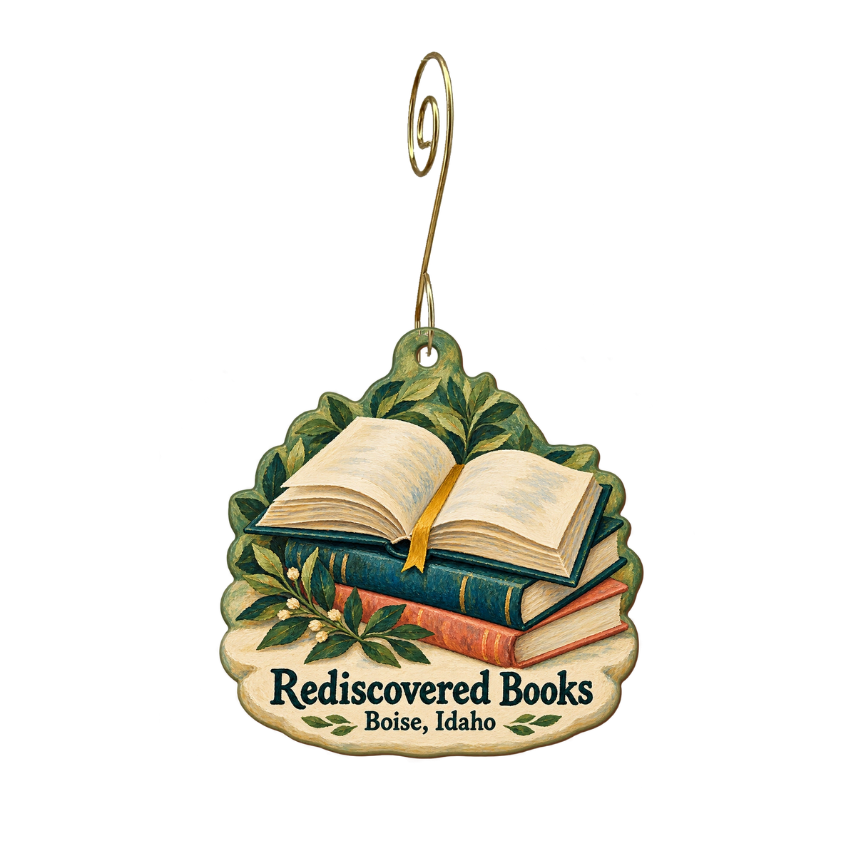 Rediscovered Books — Store identity custom wood ornament OC1988, photographic gold spiral hook