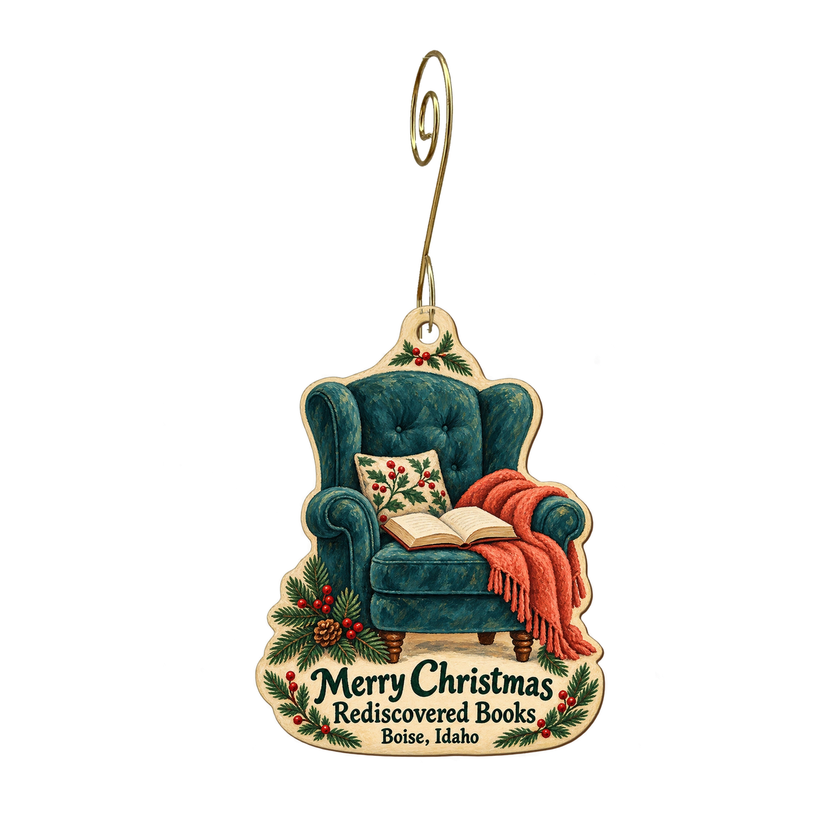 Rediscovered Books — Christmas custom wood ornament OC1989, photographic gold spiral hook