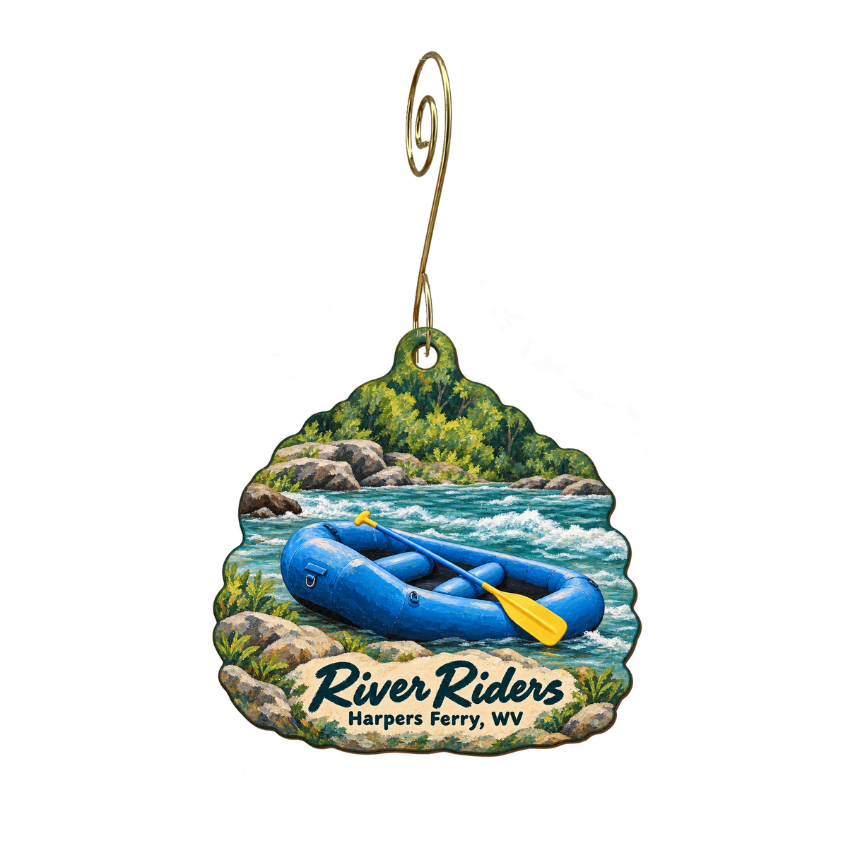 River Riders — Store identity custom wood ornament OC1991, photographic gold spiral hook