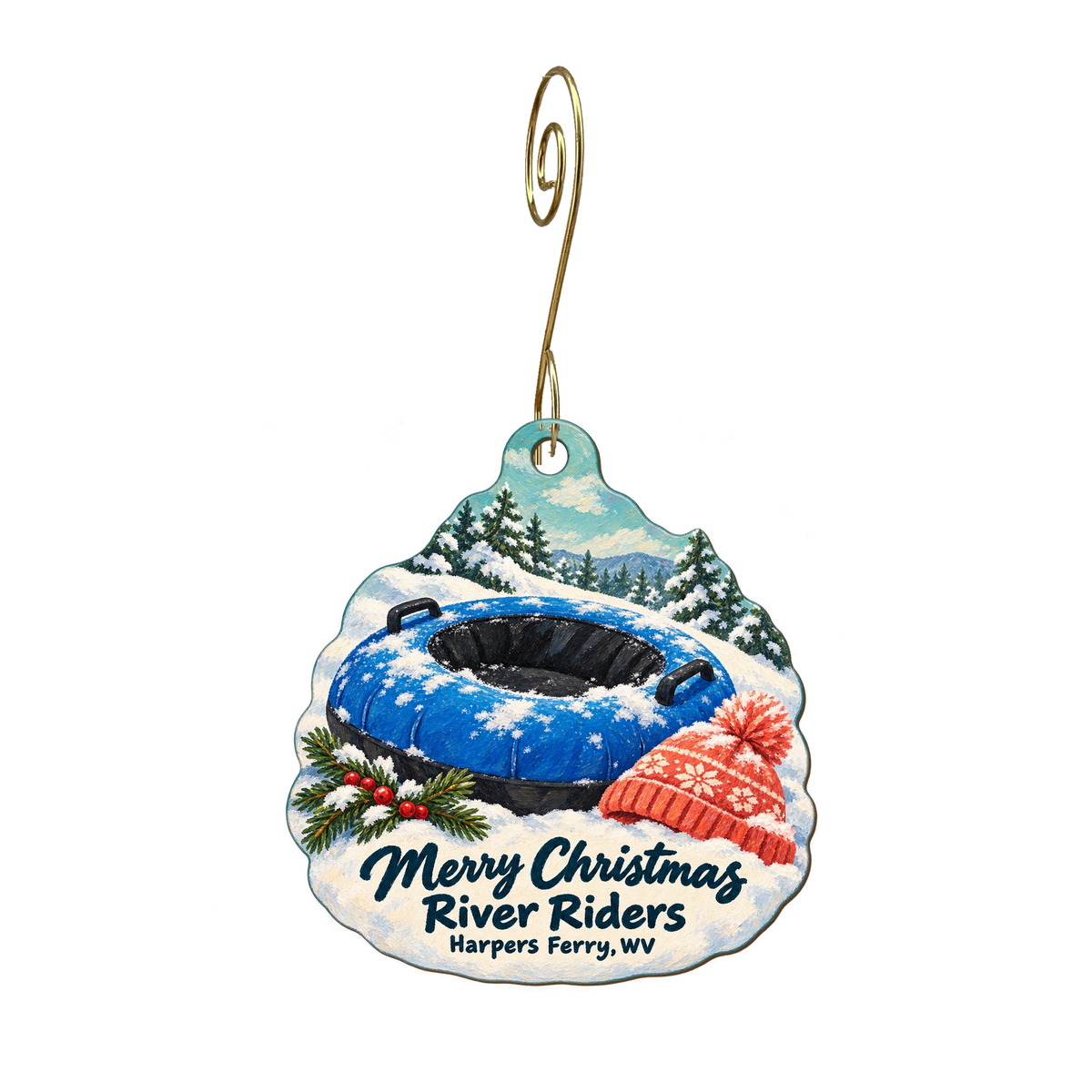 River Riders — Christmas custom wood ornament OC1992, photographic gold spiral hook