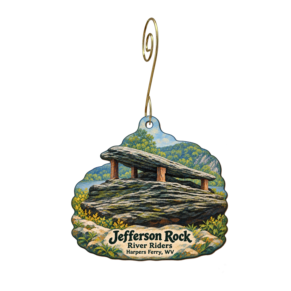 River Riders — Local inspiration custom wood ornament OC1993, photographic gold spiral hook