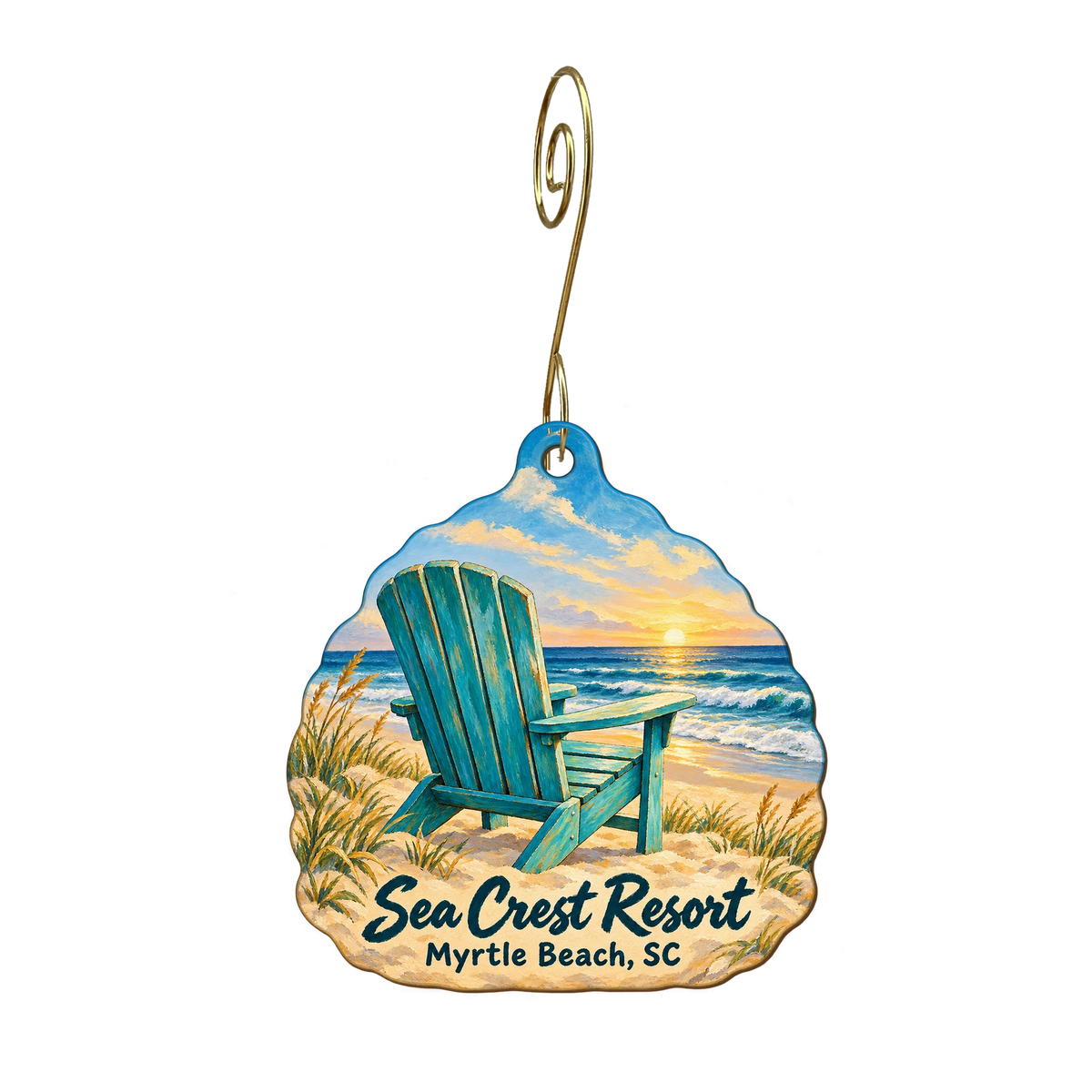 Seacrest Resort — Store identity custom wood ornament OC1994, photographic gold spiral hook