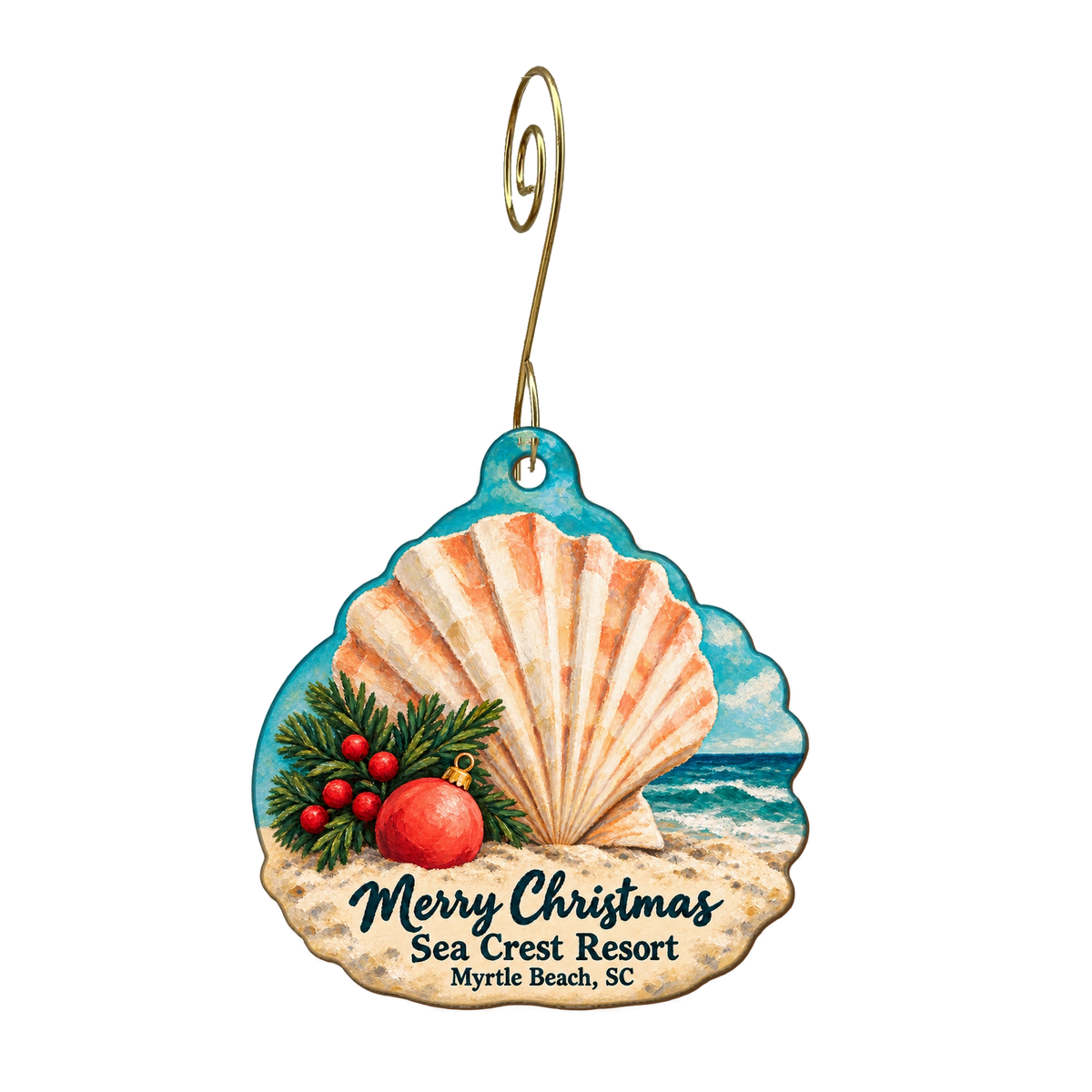 Seacrest Resort — Christmas custom wood ornament OC1995, photographic gold spiral hook