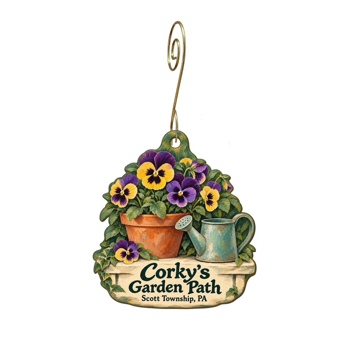 Corky's Garden Path — Store identity custom wood ornament OC1997, photographic gold spiral hook