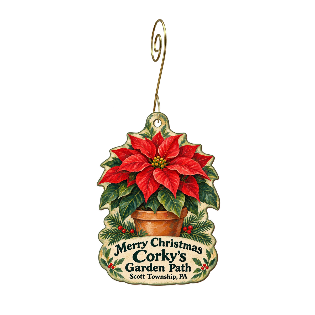 Corky's Garden Path — Christmas custom wood ornament OC1998, photographic gold spiral hook