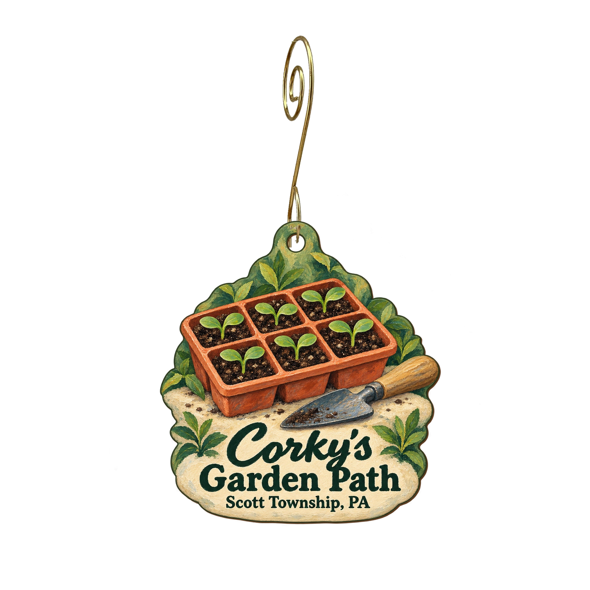 Corky's Garden Path — Local inspiration custom wood ornament OC1999, photographic gold spiral hook