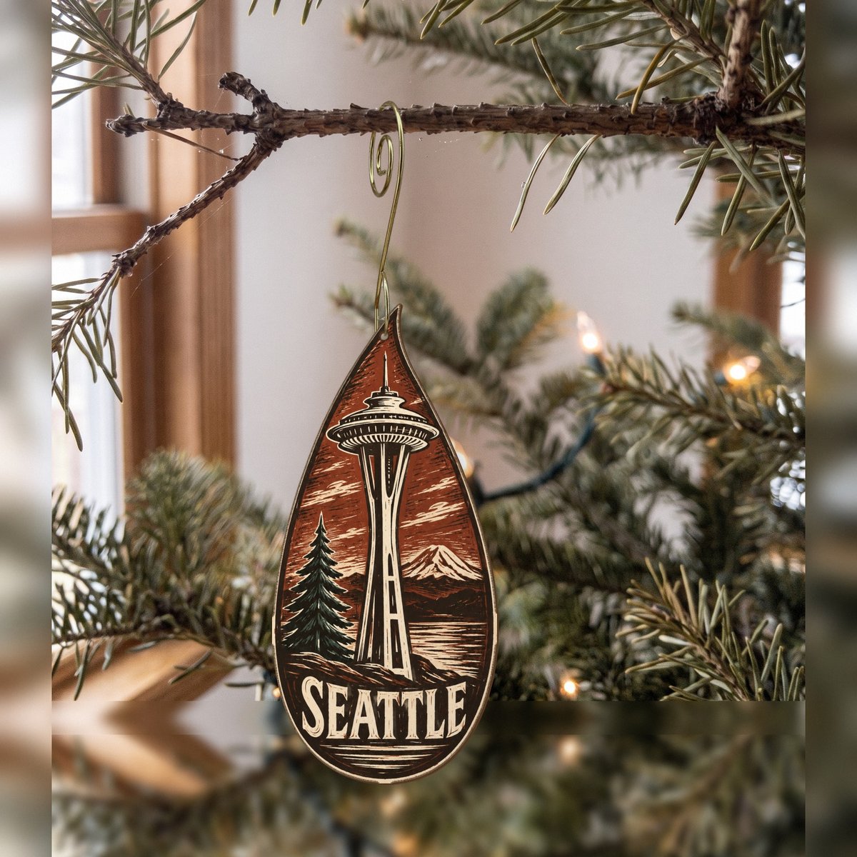 WA Seattle Woodcut Custom Wood Ornament (OC19)