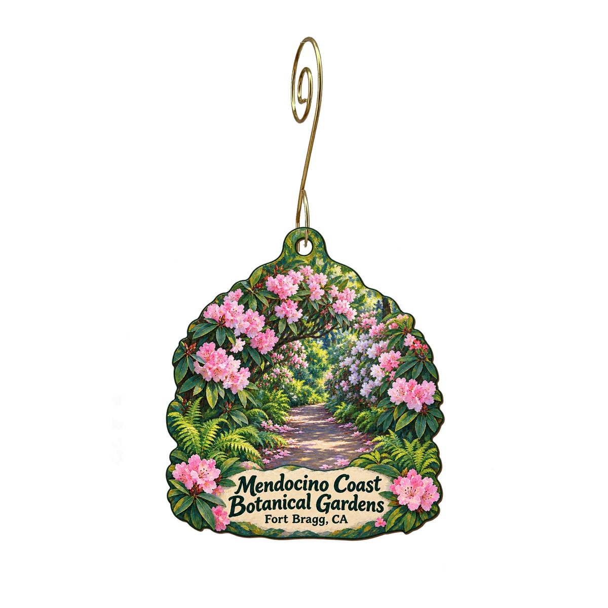 The Garden Store at Mendocino Coast Botanical Garden — Store identity custom wood ornament OC2000, photographic gold spiral hook