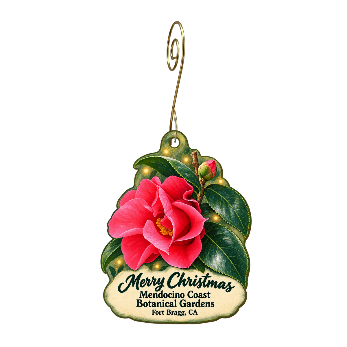 The Garden Store at Mendocino Coast Botanical Garden — Christmas custom wood ornament OC2001, photographic gold spiral hook
