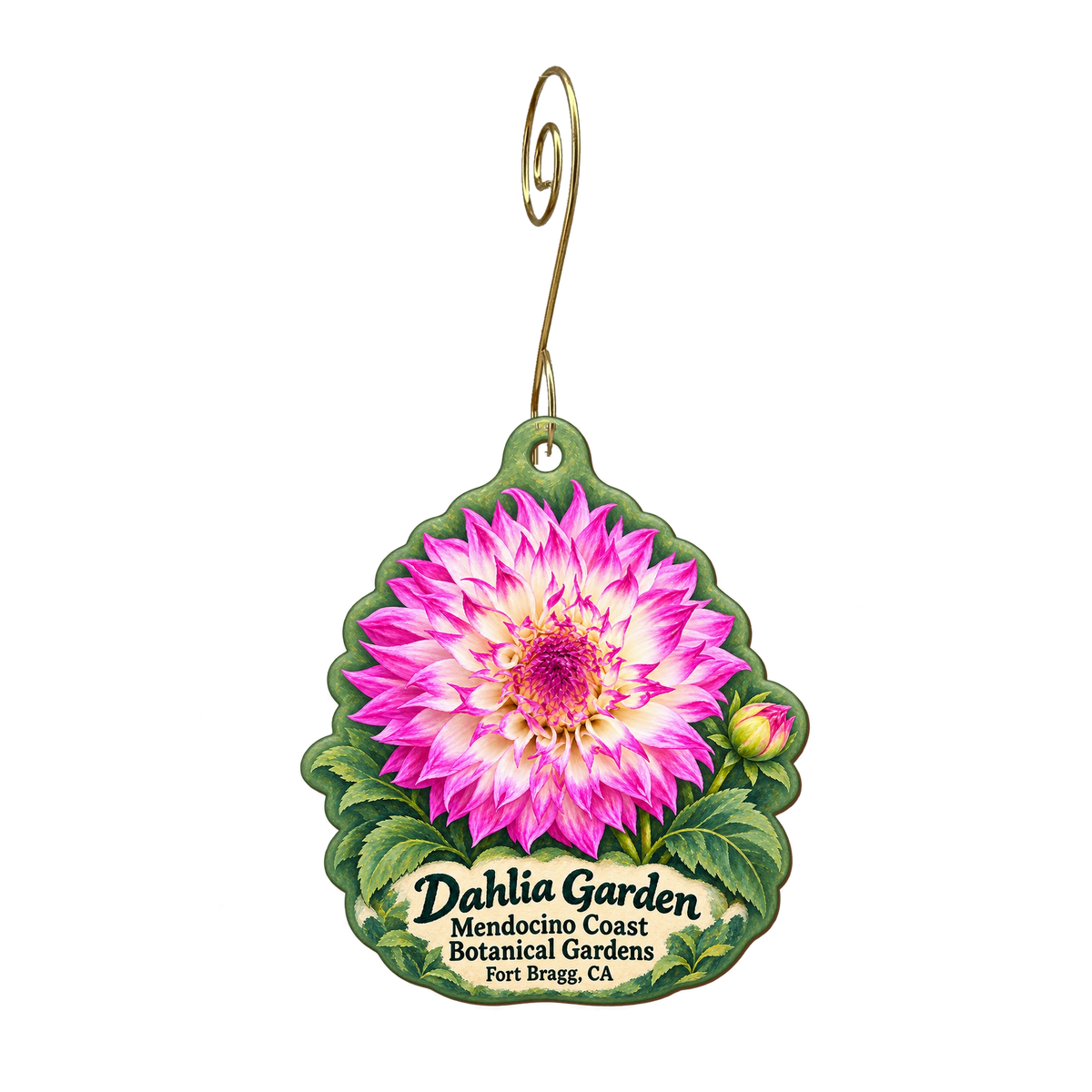 The Garden Store at Mendocino Coast Botanical Garden — Local inspiration custom wood ornament OC2002, photographic gold spiral hook