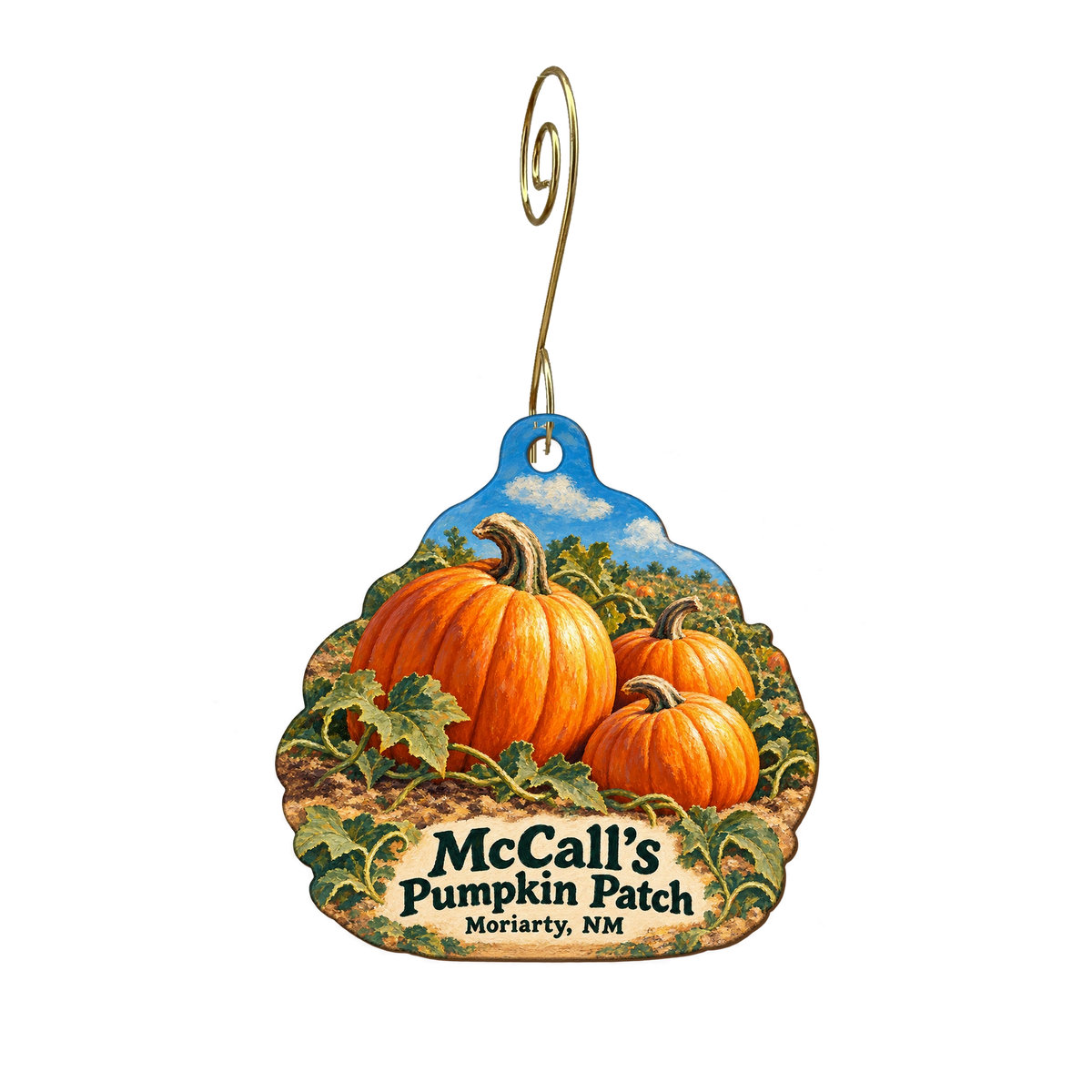 McCall's Pumpkin Patch — Store identity custom wood ornament OC2003, photographic gold spiral hook