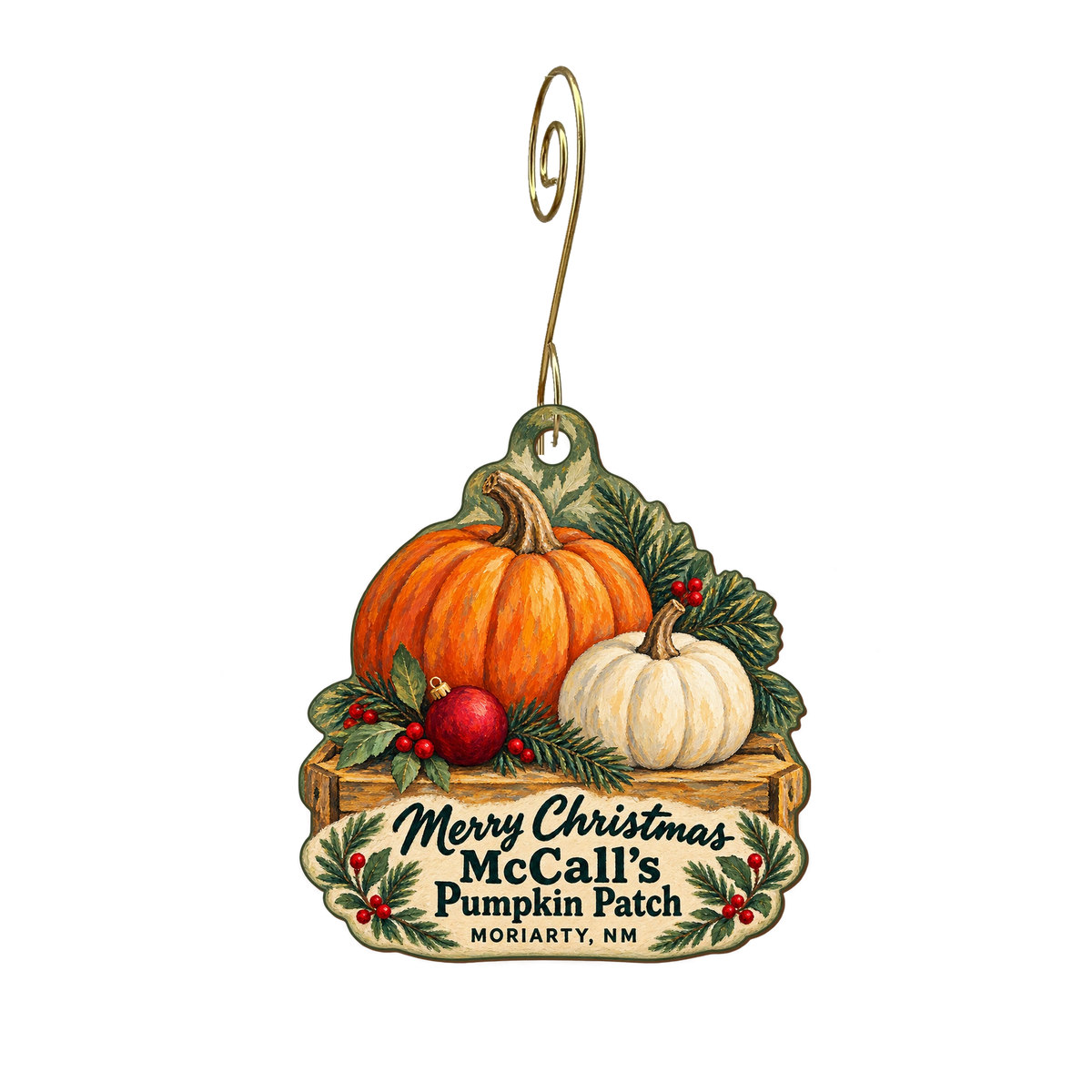 McCall's Pumpkin Patch — Christmas custom wood ornament OC2004, photographic gold spiral hook