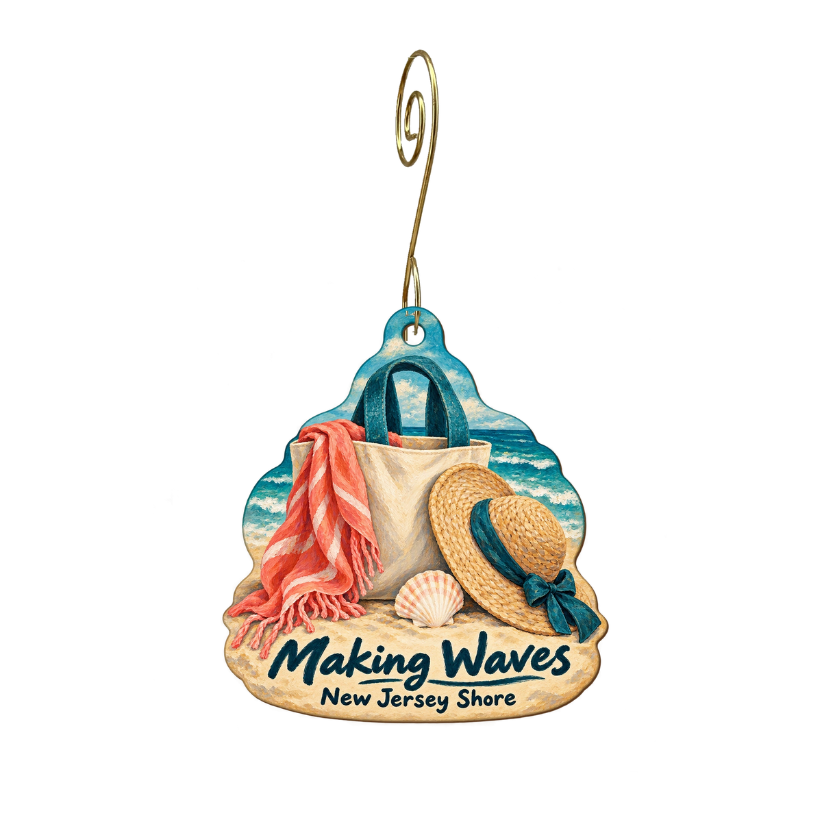 Making Waves — Store identity custom wood ornament OC2006, photographic gold spiral hook