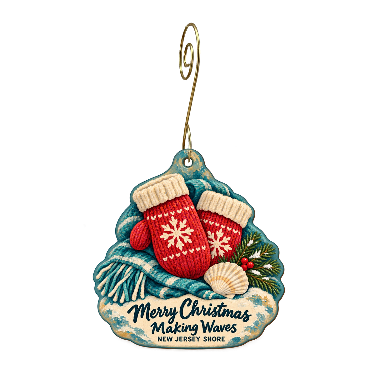 Making Waves — Christmas custom wood ornament OC2007, photographic gold spiral hook