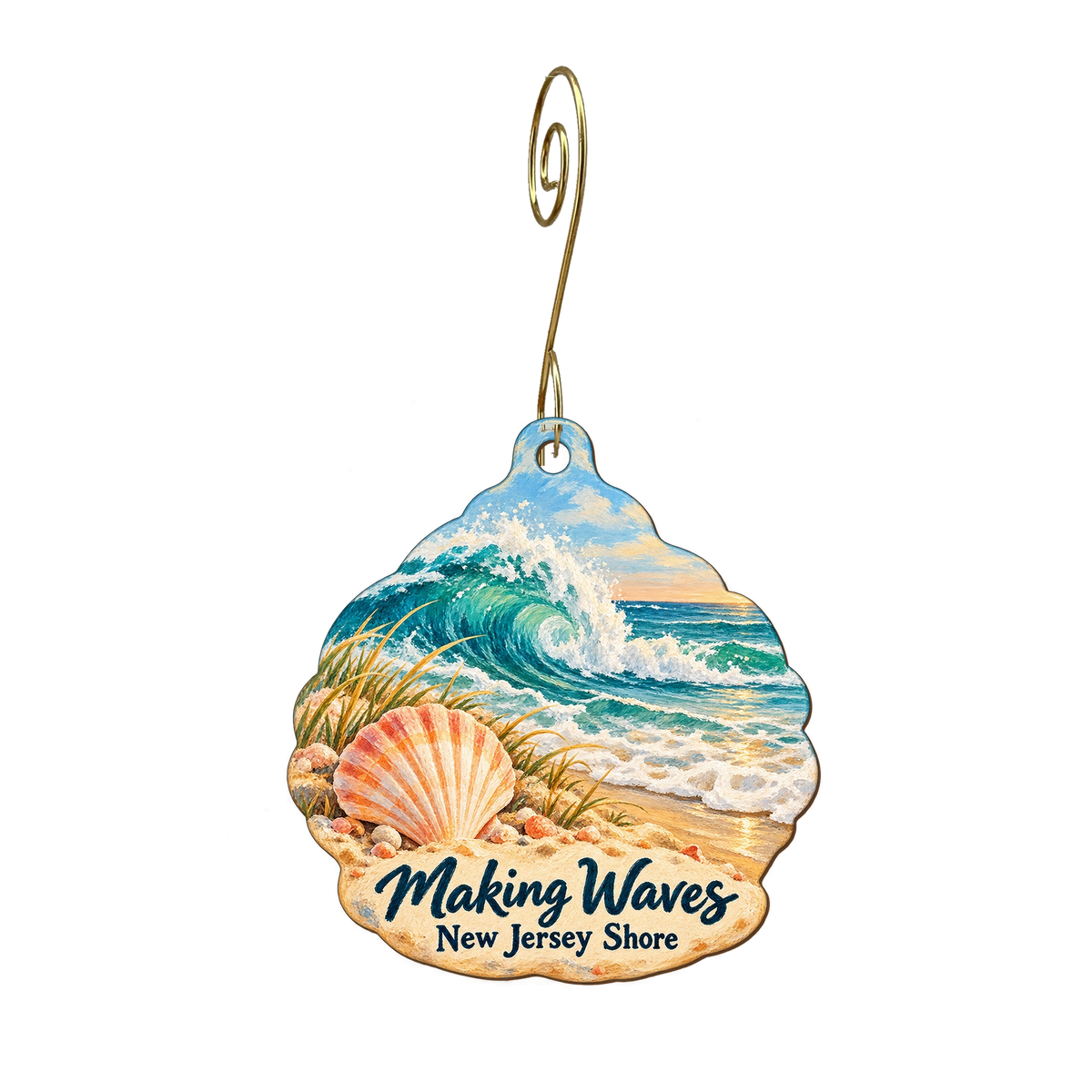Making Waves — Local inspiration custom wood ornament OC2008, photographic gold spiral hook