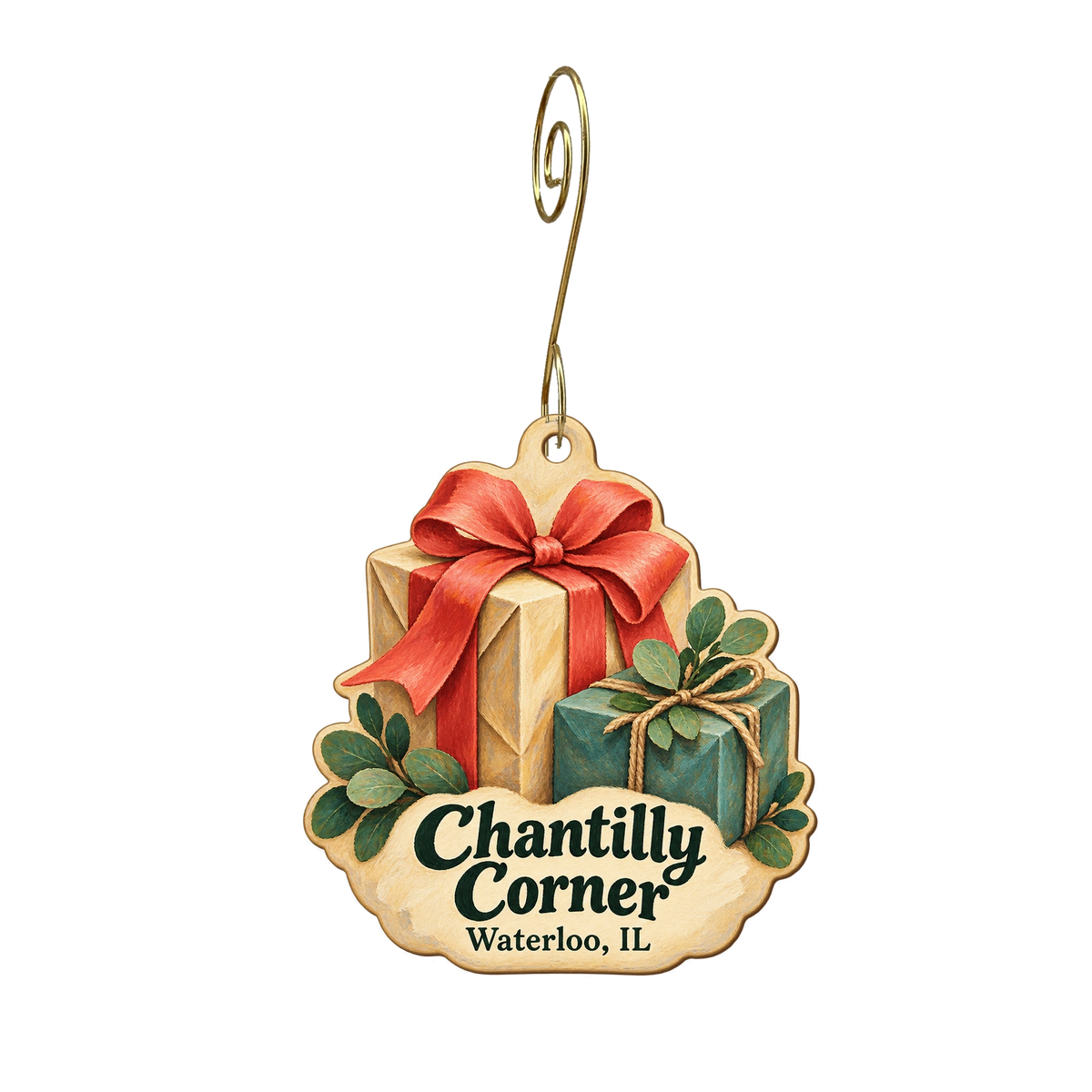 Chantilly Corner — Store identity custom wood ornament OC2009, photographic gold spiral hook