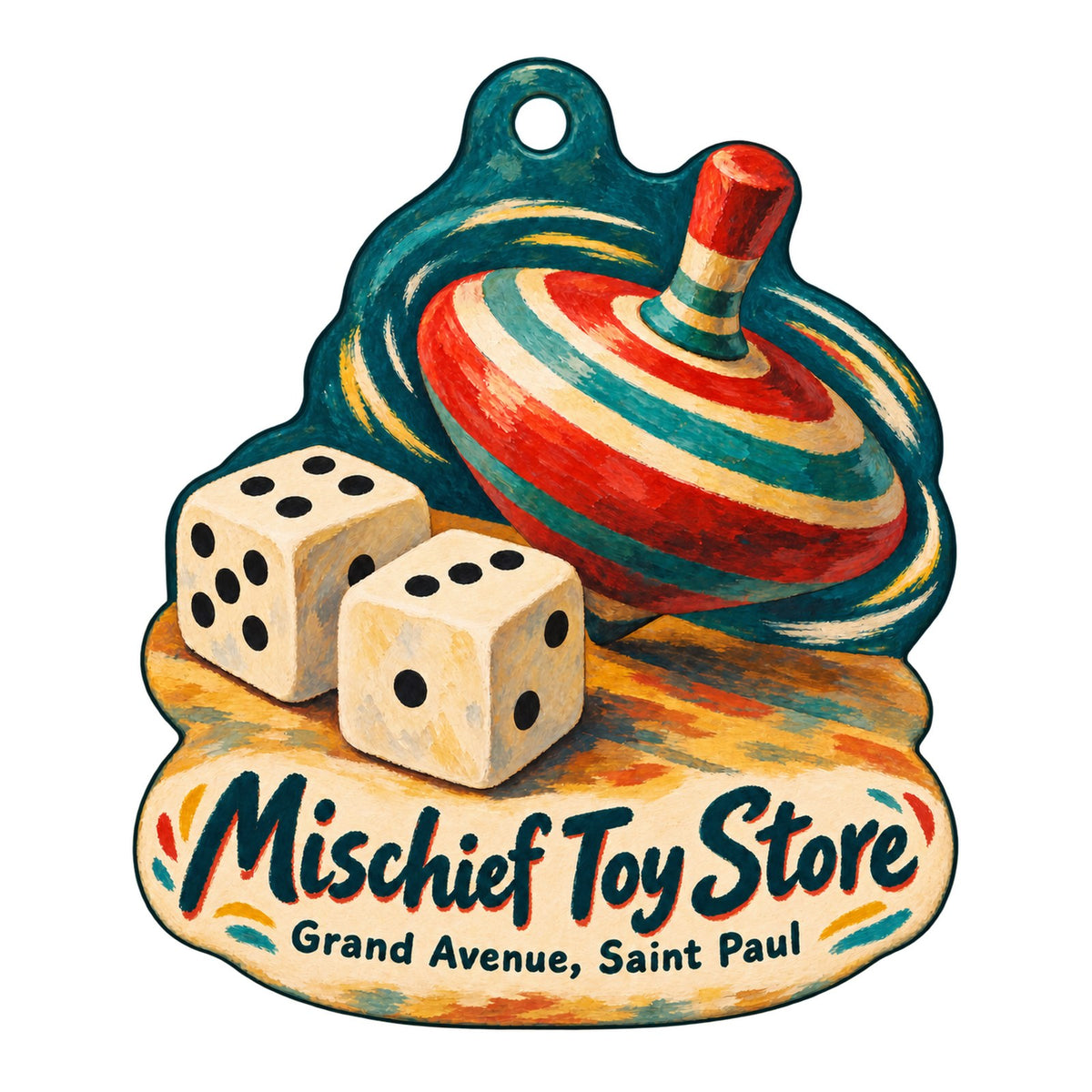Mischief Toy Store Logo custom wood ornament OC200 on white