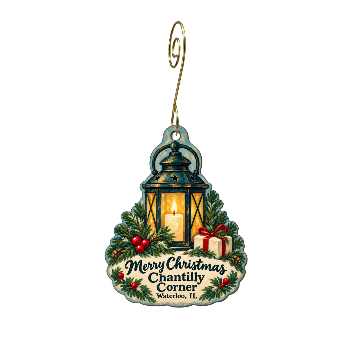 Chantilly Corner — Christmas custom wood ornament OC2010, photographic gold spiral hook
