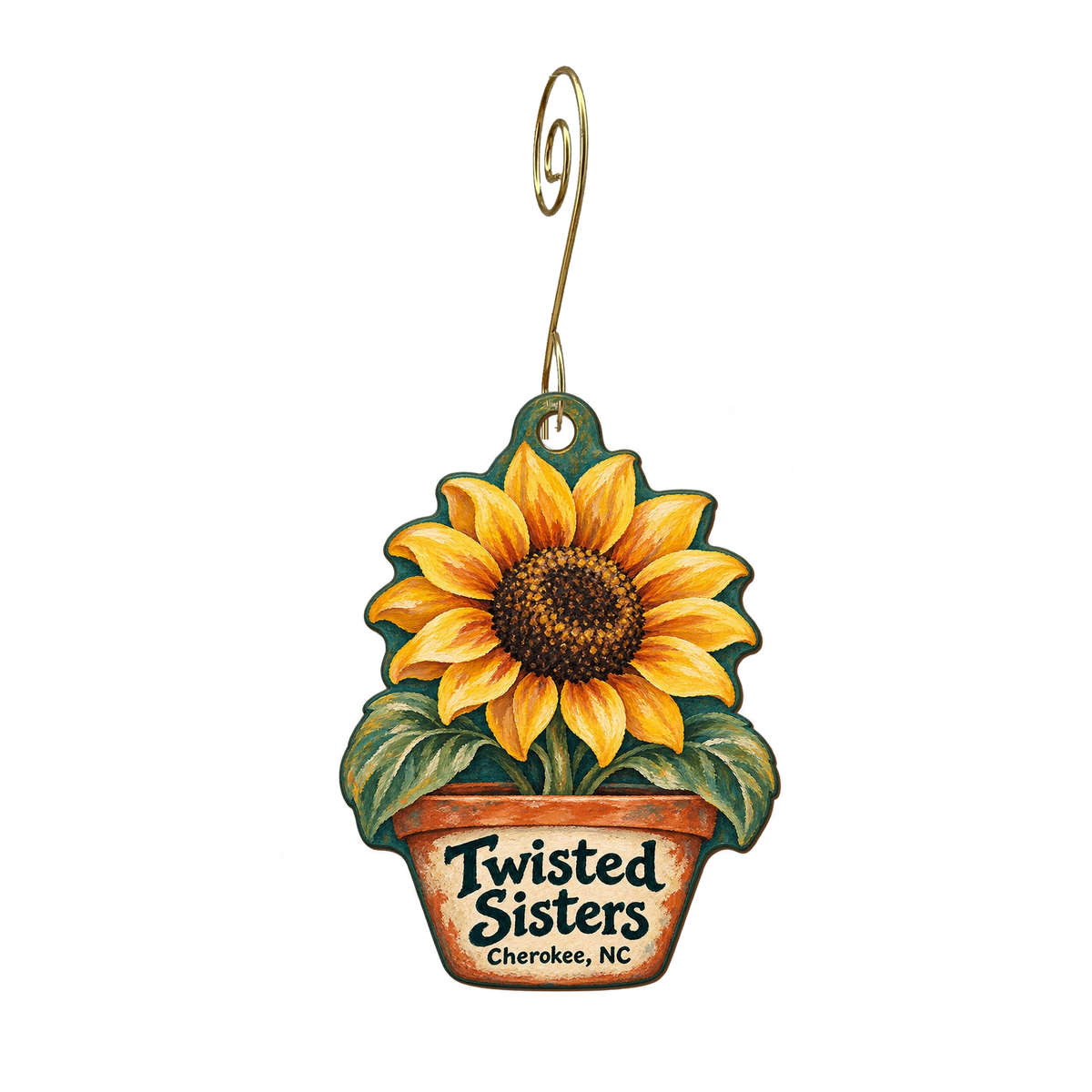 Twisted Sisters — Store identity custom wood ornament OC2012, photographic gold spiral hook