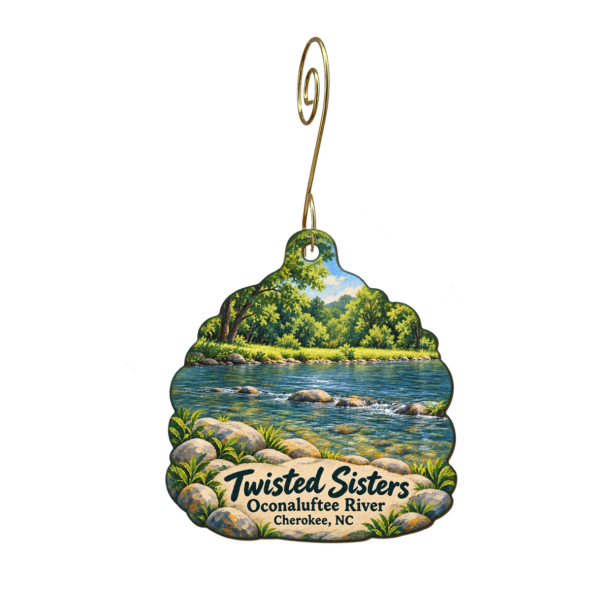 Twisted Sisters — Local inspiration custom wood ornament OC2014, photographic gold spiral hook