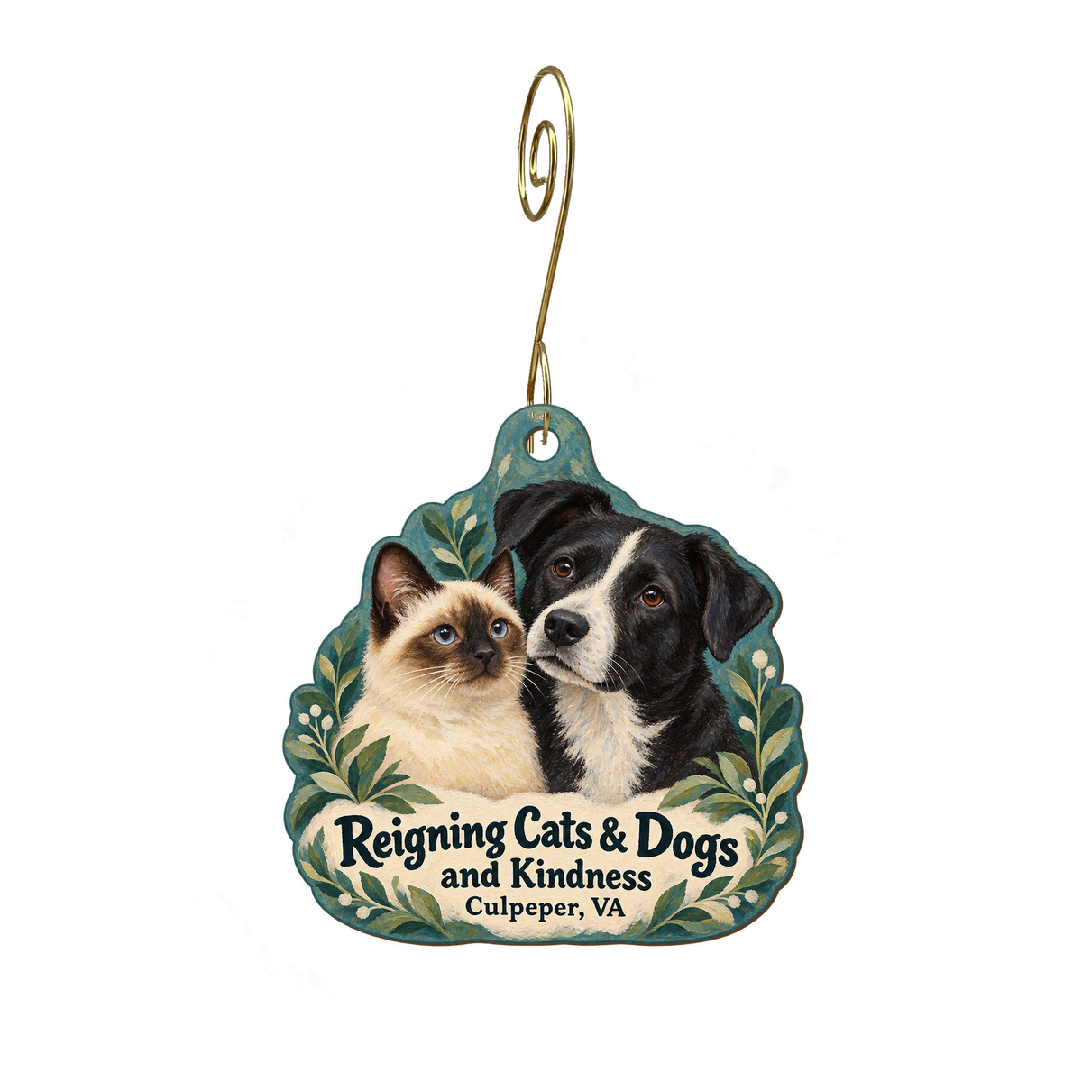 Reigning Cats and Dogs — Store identity custom wood ornament OC2015, photographic gold spiral hook
