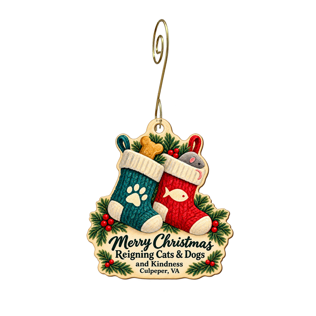 Reigning Cats and Dogs — Christmas custom wood ornament OC2016, photographic gold spiral hook