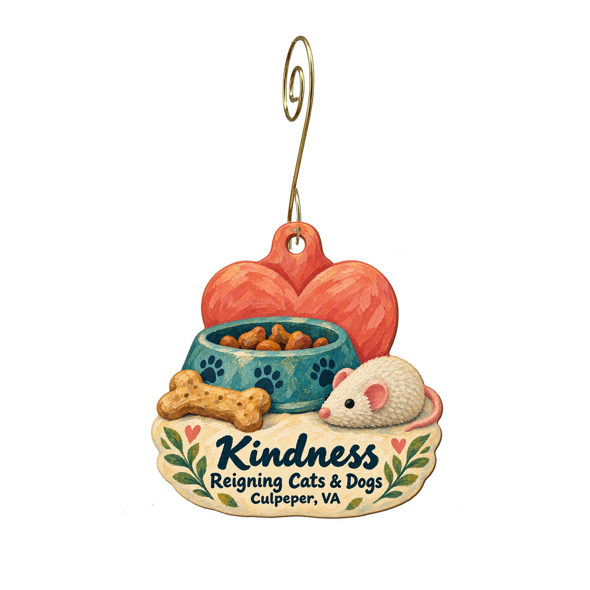 Reigning Cats and Dogs — Local inspiration custom wood ornament OC2017, photographic gold spiral hook