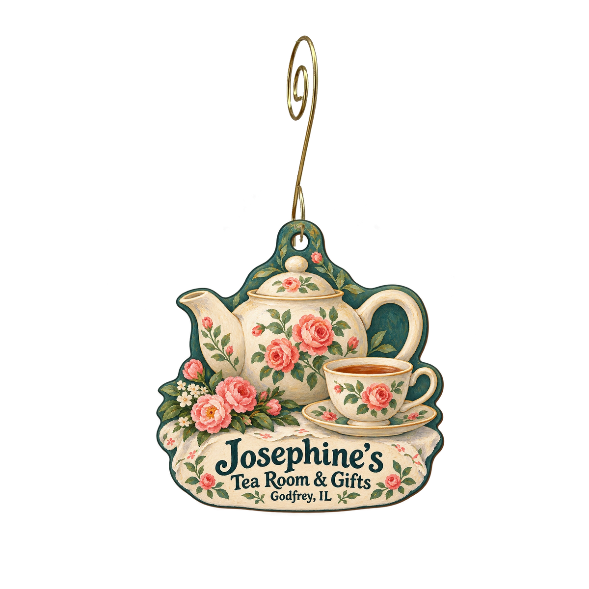 Josephine's LTD — Store identity custom wood ornament OC2018, photographic gold spiral hook