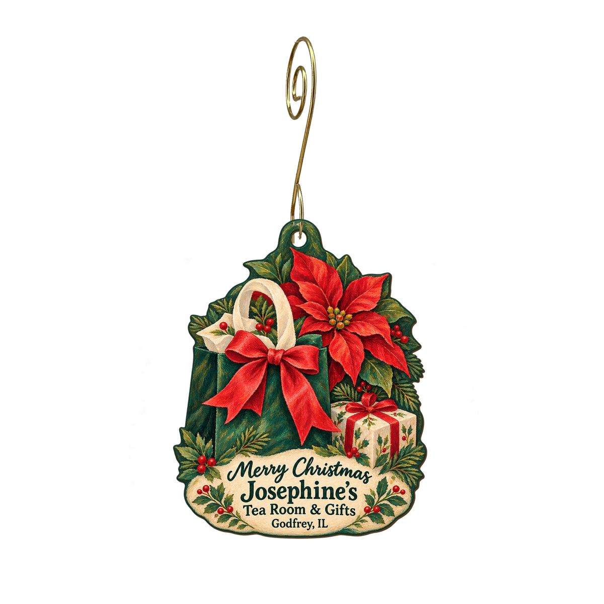 Josephine's LTD — Christmas custom wood ornament OC2019, photographic gold spiral hook