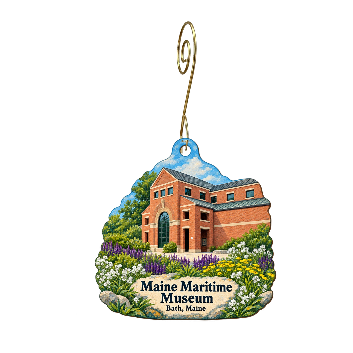 Maine Maritime Museum — Store identity custom wood ornament OC2021, photographic gold spiral hook