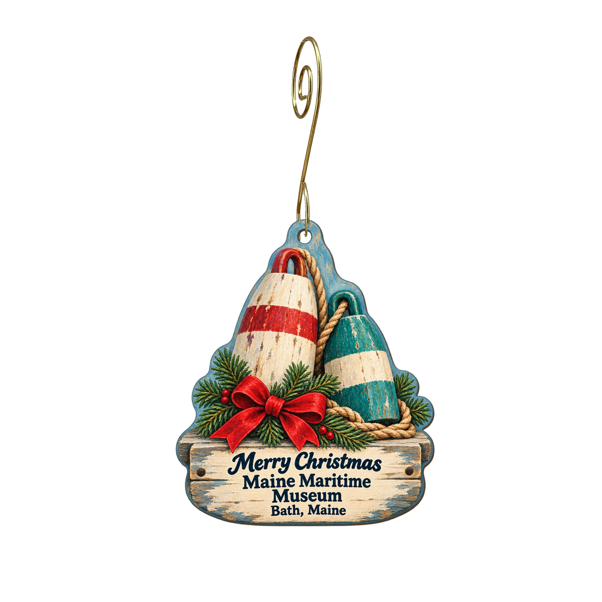 Maine Maritime Museum — Christmas custom wood ornament OC2022, photographic gold spiral hook