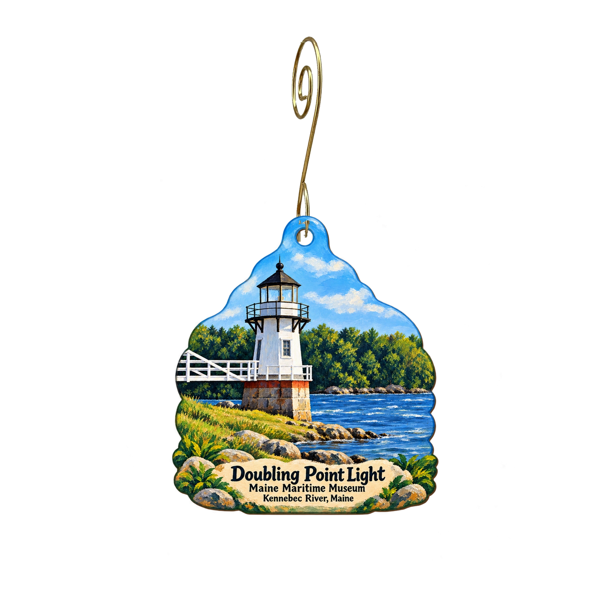Maine Maritime Museum — Local inspiration custom wood ornament OC2023, photographic gold spiral hook