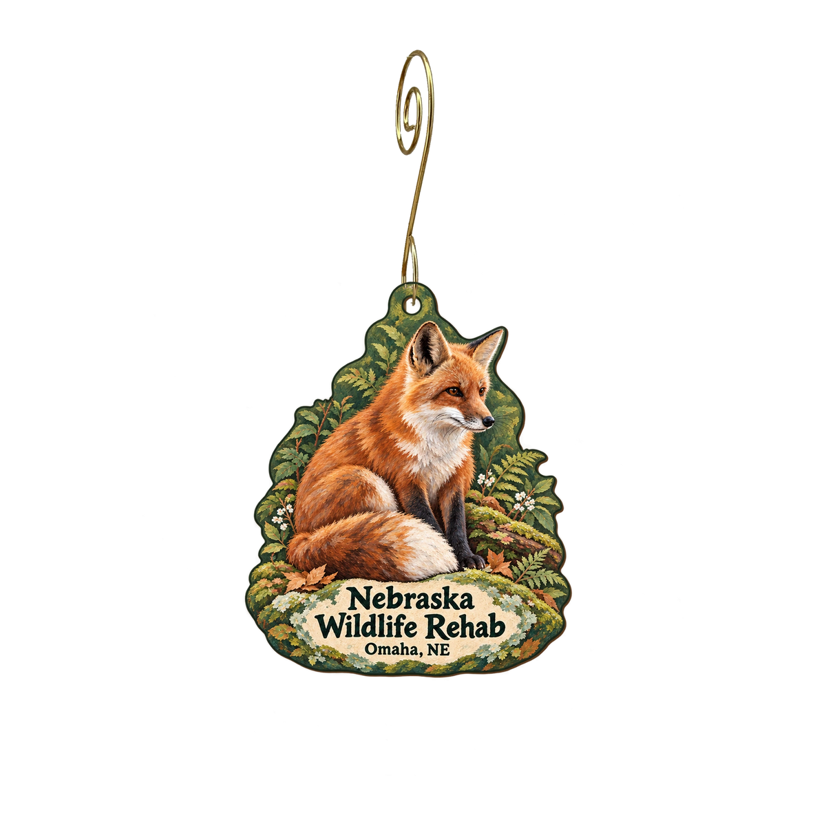 Nebraska Wildlife Rehab — Store identity custom wood ornament OC2024, photographic gold spiral hook
