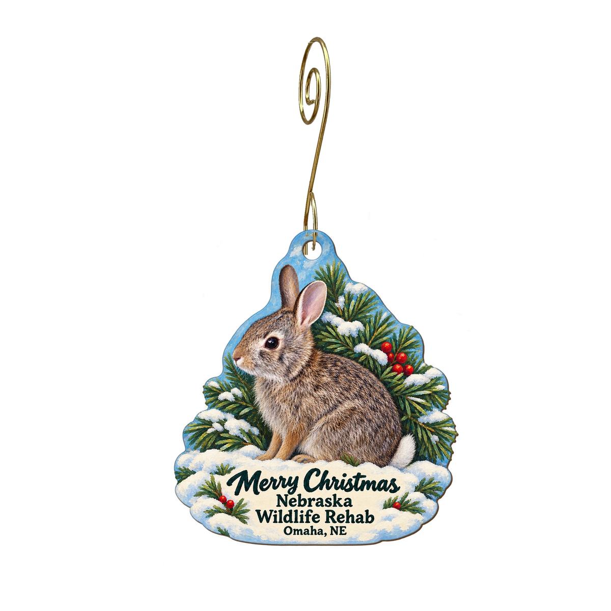 Nebraska Wildlife Rehab — Christmas custom wood ornament OC2025, photographic gold spiral hook