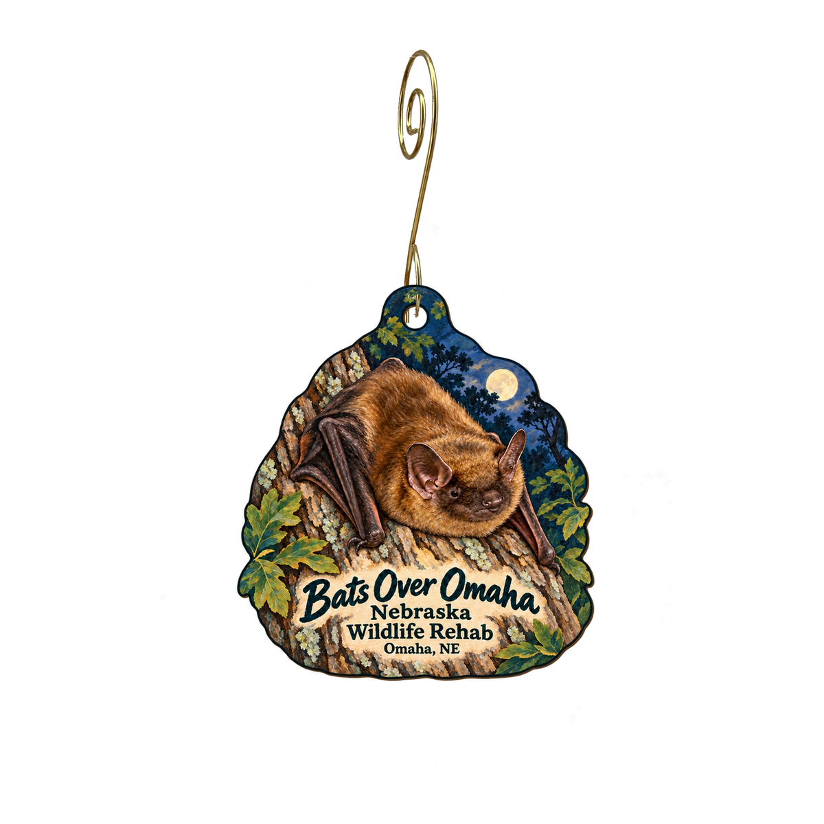 Nebraska Wildlife Rehab — Local inspiration custom wood ornament OC2026, photographic gold spiral hook