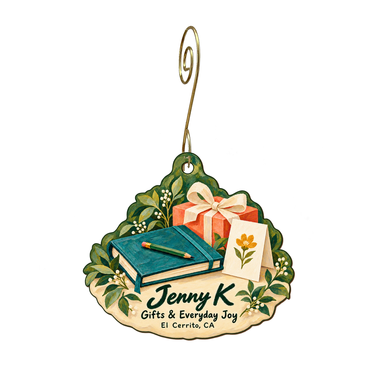 Jenny K — Store identity custom wood ornament OC2027, photographic gold spiral hook