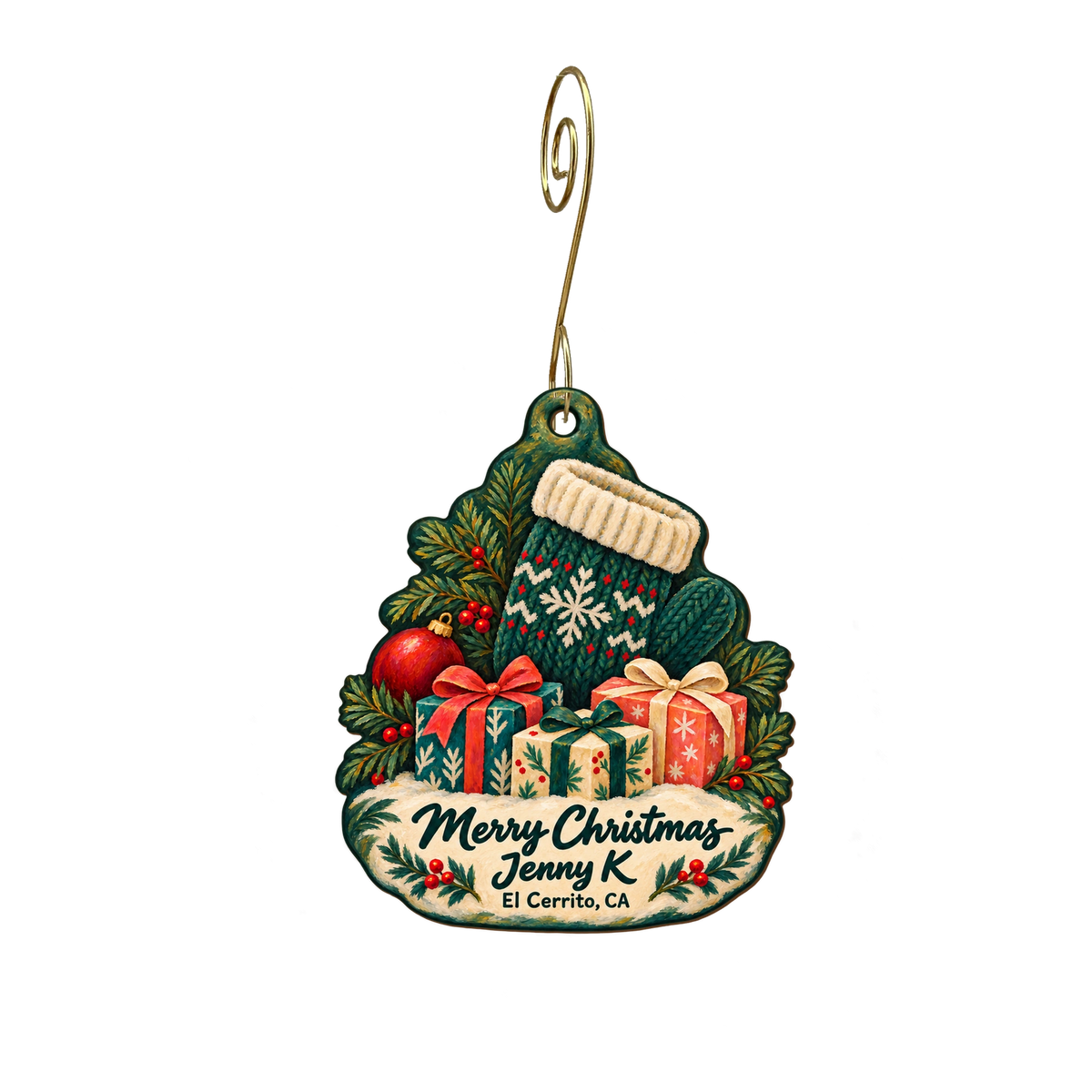 Jenny K — Christmas custom wood ornament OC2028, photographic gold spiral hook
