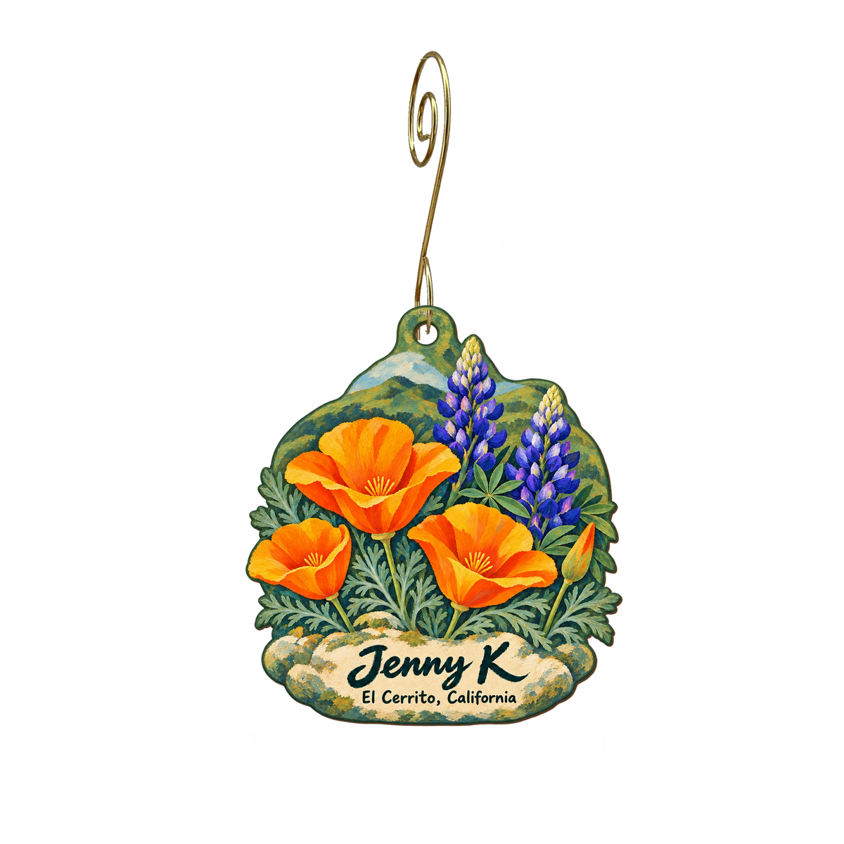 Jenny K — Local inspiration custom wood ornament OC2029, photographic gold spiral hook
