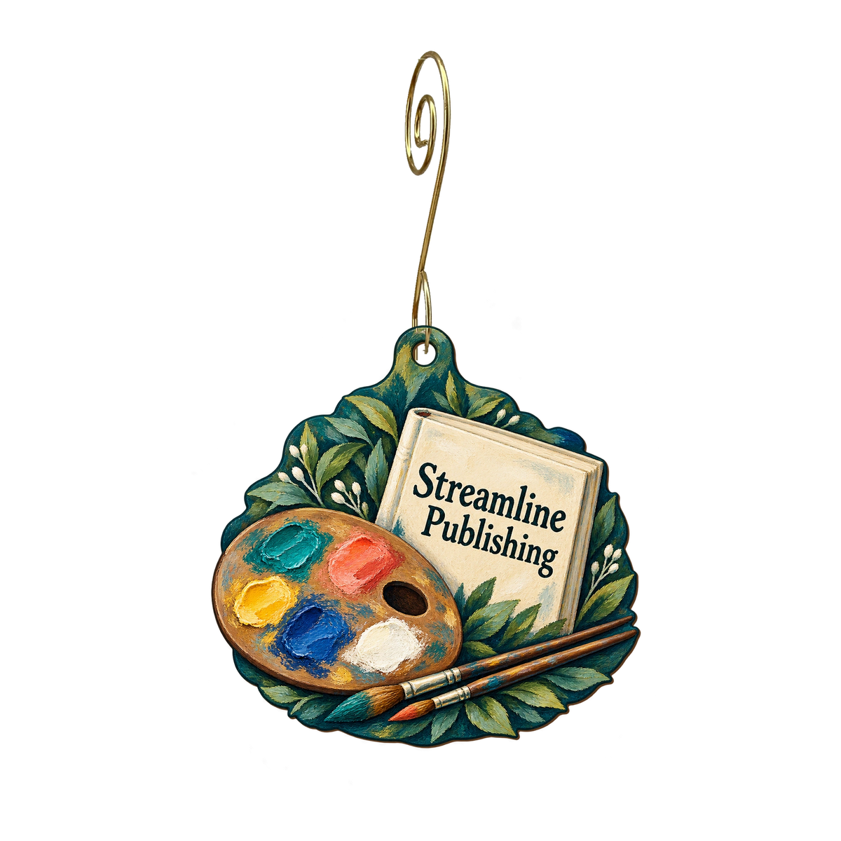 Streamline Publishing — Store identity custom wood ornament OC2030, photographic gold spiral hook