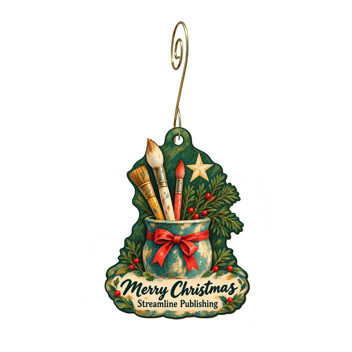 Streamline Publishing — Christmas custom wood ornament OC2031, photographic gold spiral hook