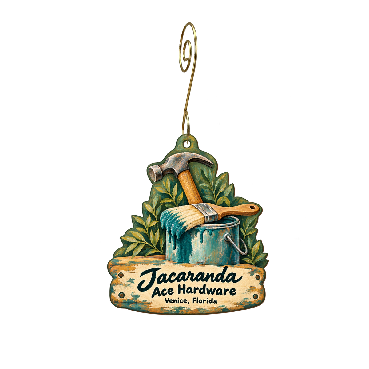 Jacaranda Ace Hardware — Store identity custom wood ornament OC2036, photographic gold spiral hook