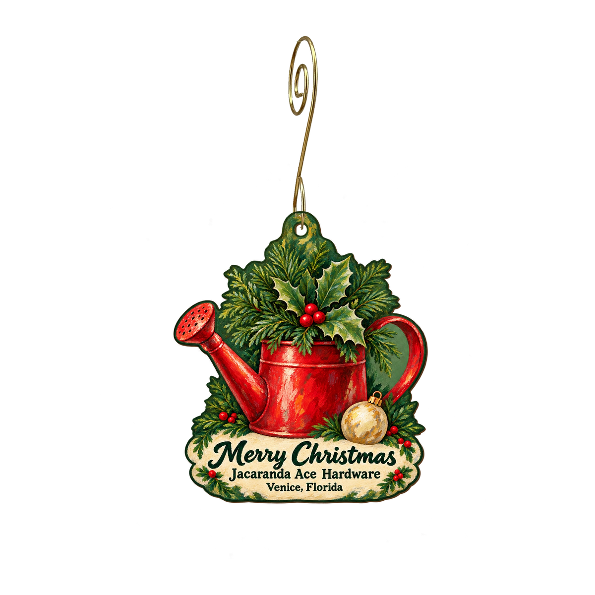 Jacaranda Ace Hardware — Christmas custom wood ornament OC2037, photographic gold spiral hook
