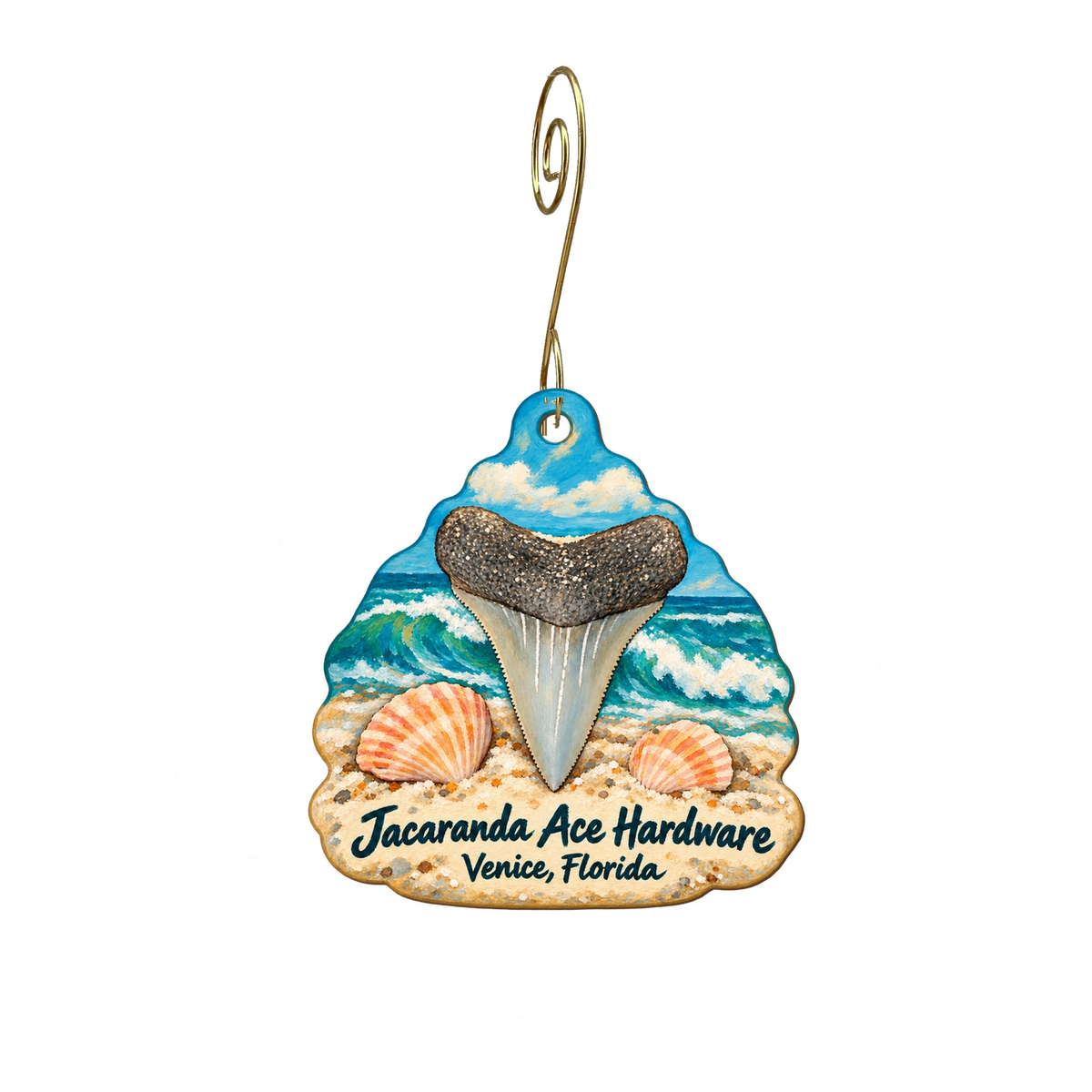 Jacaranda Ace Hardware — Local inspiration custom wood ornament OC2038, photographic gold spiral hook